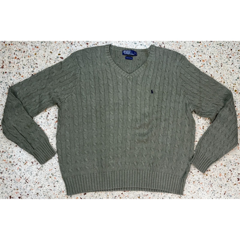Polo by Ralph Lauren Vtg Men's V-Neck Green Cable Knit Sweater Size XL
